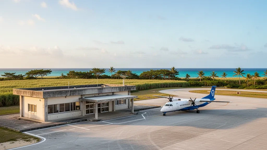 Single-story terminal and apron at Tarama Airport in Okinawa, with a small turboprop aircraft under soft subtropical morning light.