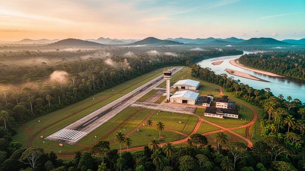 Vue aérienne de la base aérienne de Tres Esquinas dans le Caquetá, en Colombie, avec sa piste, ses hangars et sa tour de contrôle entourés par la forêt amazonienne à l'heure dorée.