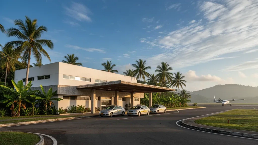 Extérieur moderne du terminal de l'aéroport Gonzalo Mejía à Turbo, en Colombie, entouré de verdure tropicale sous une lumière chaude des Caraïbes