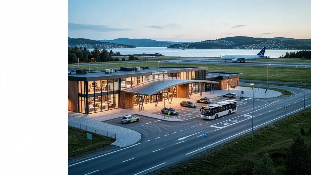 Extérieur moderne du terminal de l'aéroport de Sandefjord, Torp en Norvège avec façade vitrée, voies d'accès et lumière nordique douce.