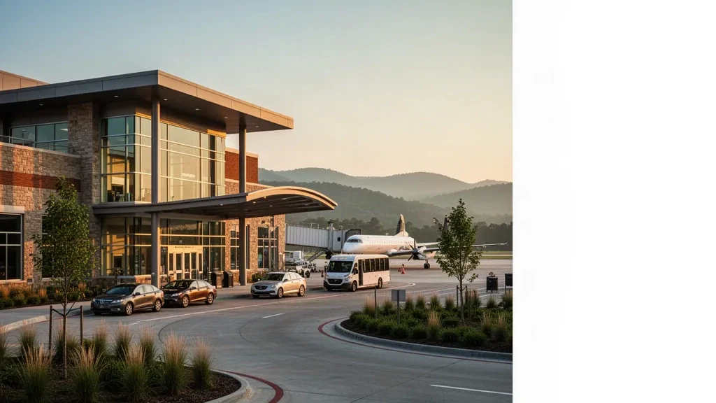 Modern glass terminal and curbside drop-off lanes at Tri-Cities Regional Airport in Tennessee at golden hour