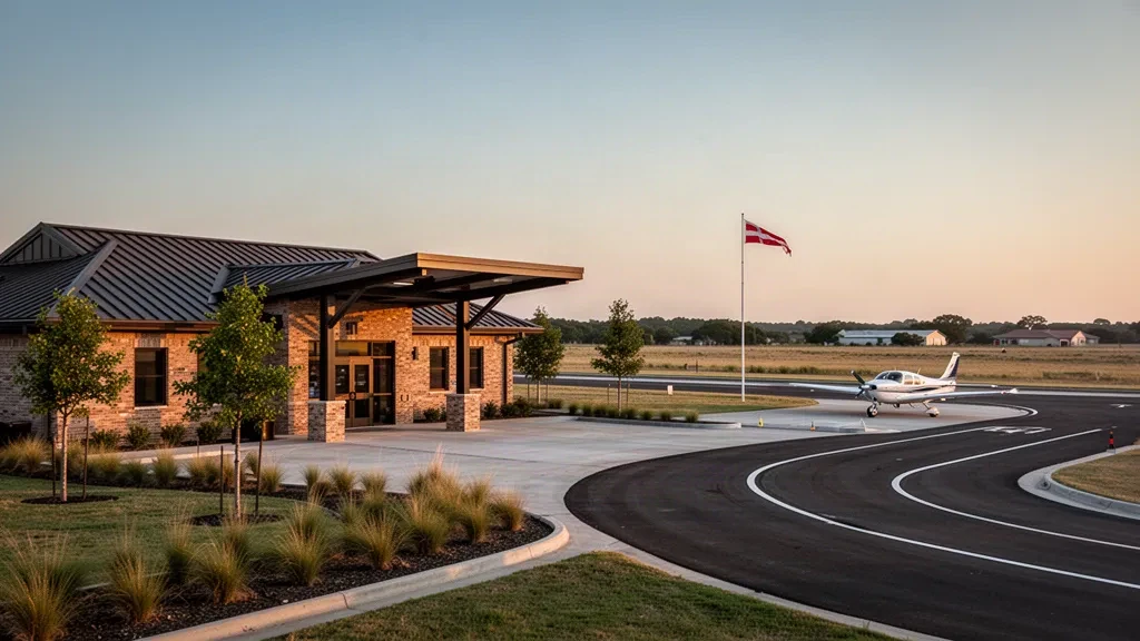 Texas'taki Terrell Municipal Havaalanı'nın alçak terminal binası, yolcu indirme şeridi ve hafif uçak apronuyla altın saatlerdeki görünümü