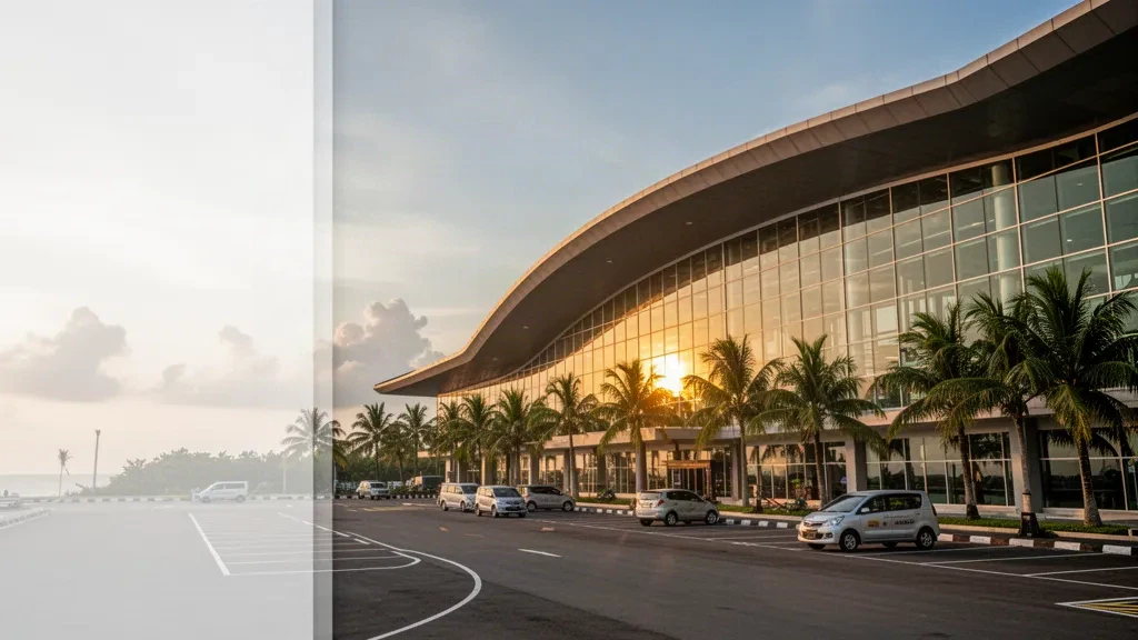 Edificio terminal moderno del Aeropuerto Internacional Juwata en Tarakan, Indonesia, con plantas tropicales y cielo despejado.
