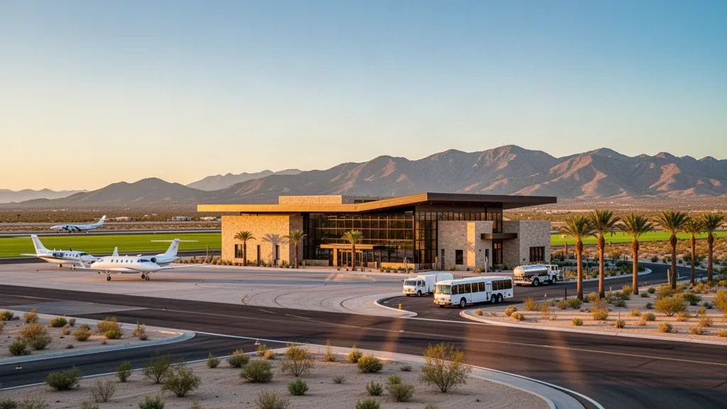 Modern desert terminal and ramp at Jacqueline Cochran Regional Airport in Thermal, California, with palm trees and the Santa Rosa Mountains behind