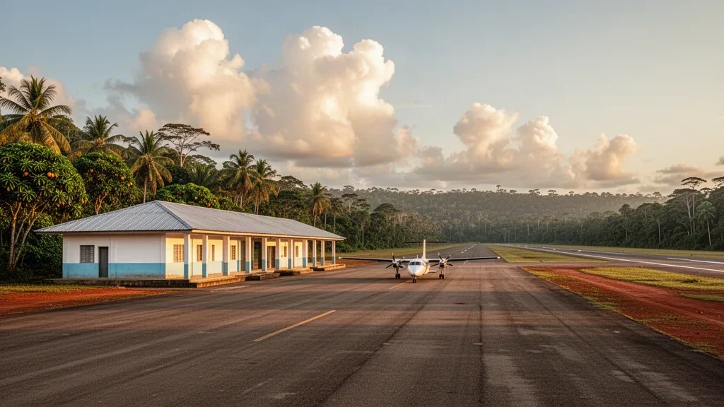 Regional airport terminal and runway at Tarauacá Airport in Acre, Brazil, framed by Amazon rainforest under golden-hour light