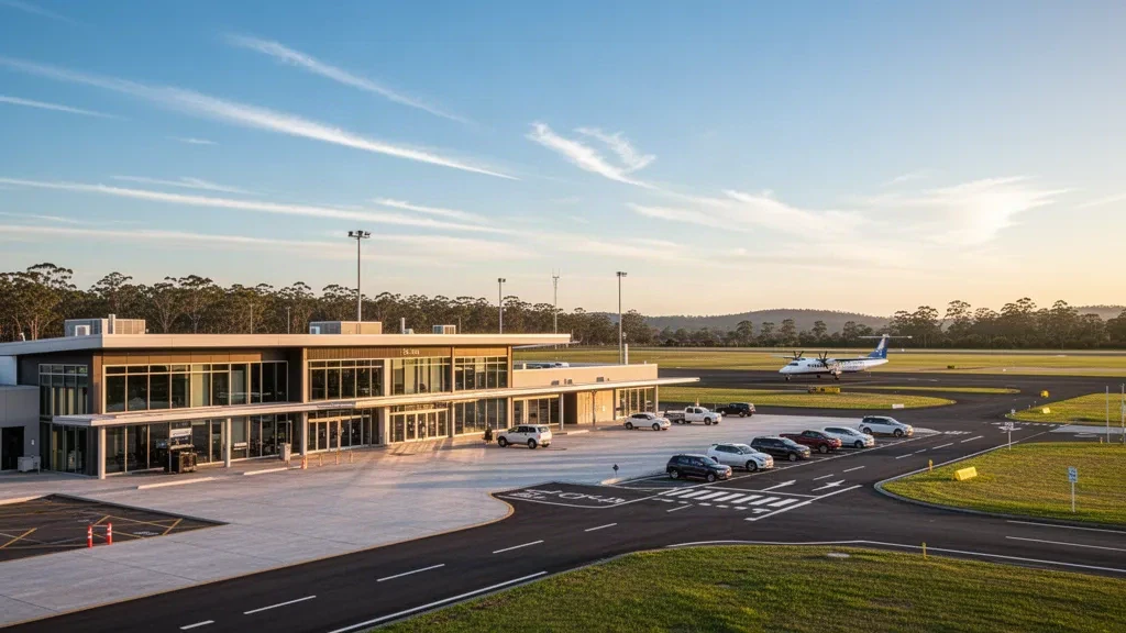 Exterior de la terminal regional del Aeropuerto de Taree durante la hora dorada con aeronaves estacionadas, vía de acceso y paisaje costero de Nueva Gales del Sur.