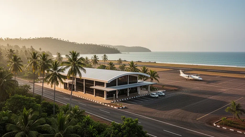 Terminal aeroportuaria costera en China Bay, Trincomalee, Sri Lanka, con palmeras y luz dorada del atardecer sobre la plataforma y la bahía
