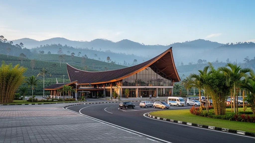 Moderno terminal dell'Aeroporto di Toraja con tetto curvo ispirato al Tongkonan immerso tra gli altopiani nebbiosi di Sulawesi durante l'ora d'oro