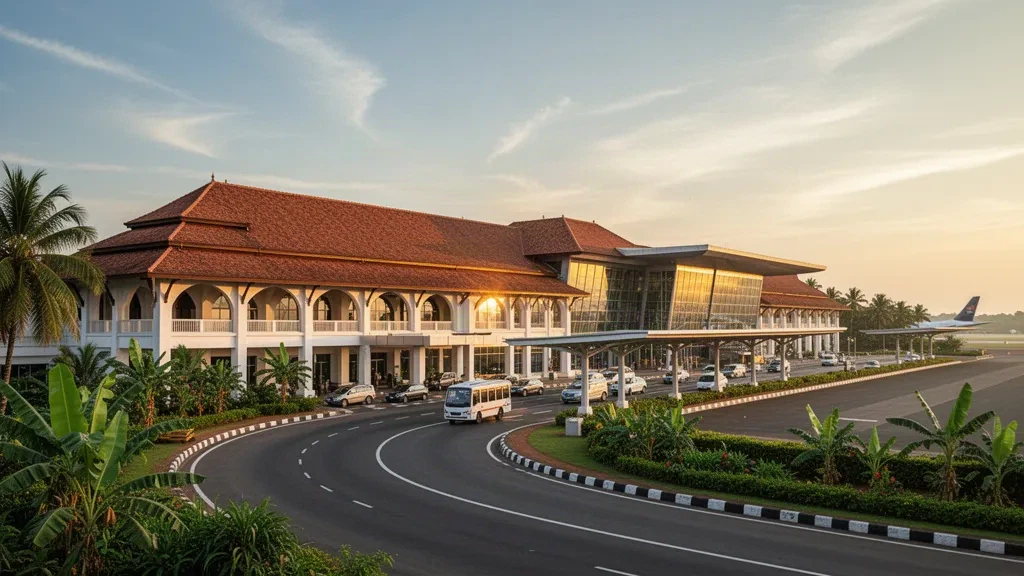Vue à l'heure dorée du terminal de l'aéroport international de Thiruvananthapuram avec des toits en tuiles de style Kerala, des voies de dépose bordées de palmiers et une végétation tropicale