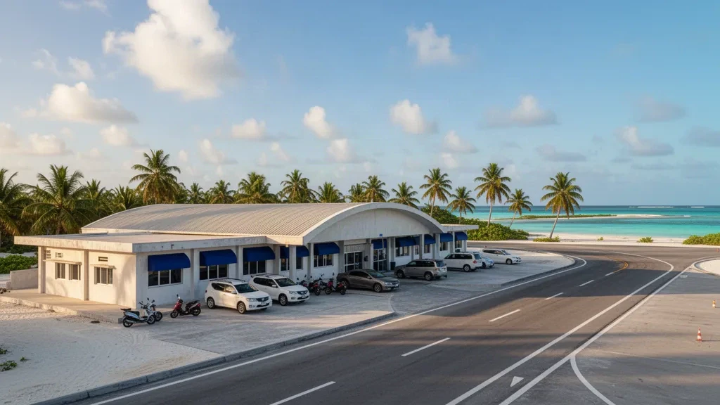 Bonriki International Airport terminal exterior in Tarawa, Kiribati, with palm trees and drop-off lane under a tropical sky