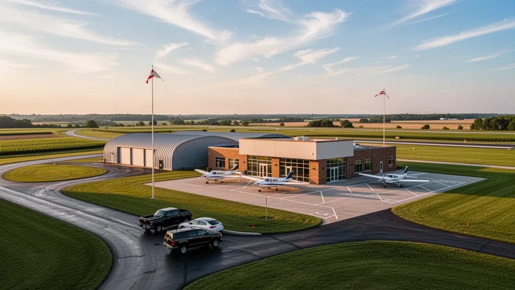 Trenton'da küçük bir Missouri genel havacılık havaalanı terminalinin hangarlar ve apronda park etmiş hafif uçaklarla gün batımı saatlerindeki görünümü