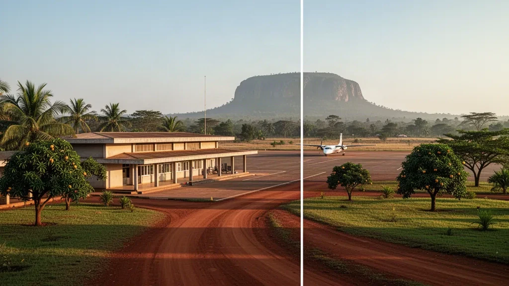 Kleines regionales Flughafenterminal in Tororo, Uganda, mit befestigter Vorfahrt, tropischer Vegetation und dem Tororo Rock im Licht der goldenen Stunde.