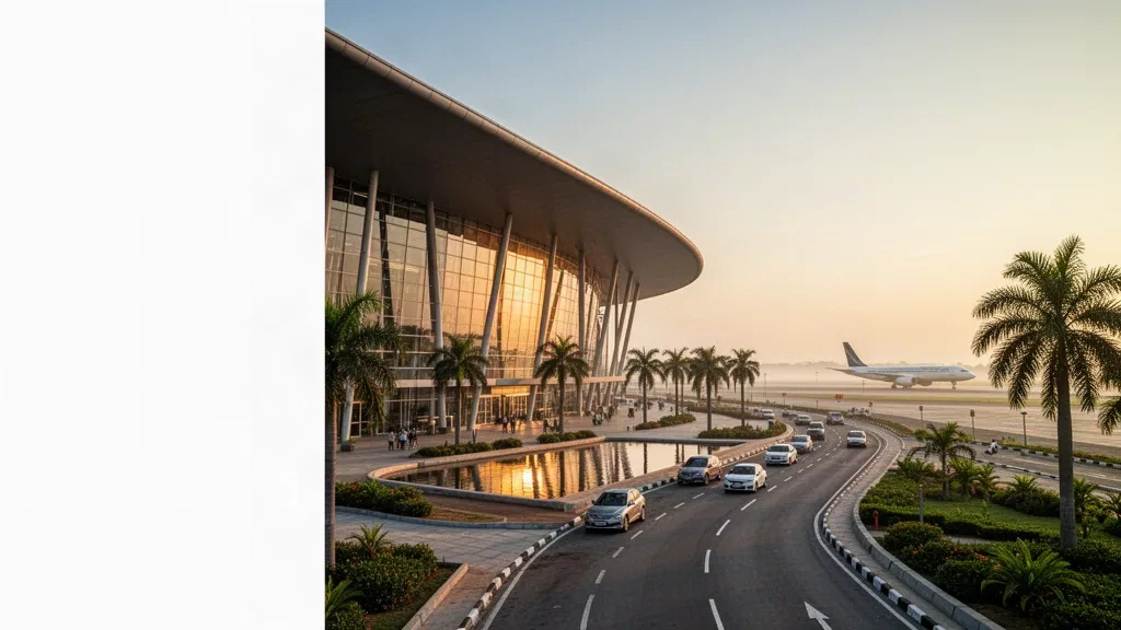 Façade moderne en verre du terminal de l'aéroport international de Tiruchirappalli avec des routes d'accès bordées de palmiers et une lumière dorée de fin de journée
