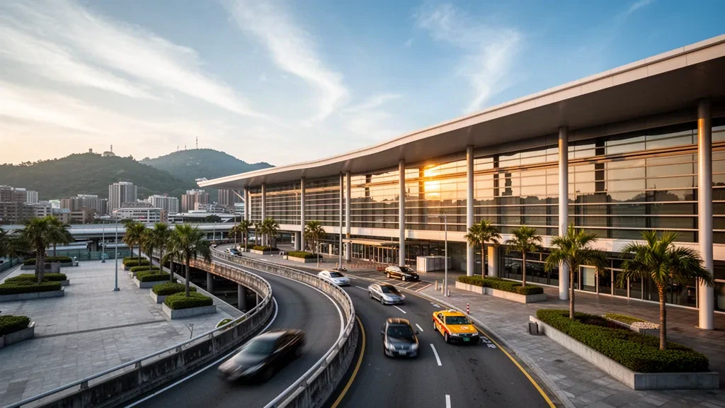 Esterno del terminal dell'Aeroporto Internazionale di Taipei Songshan all'ora dorata con facciata in vetro curvo e strada per la salita e discesa passeggeri