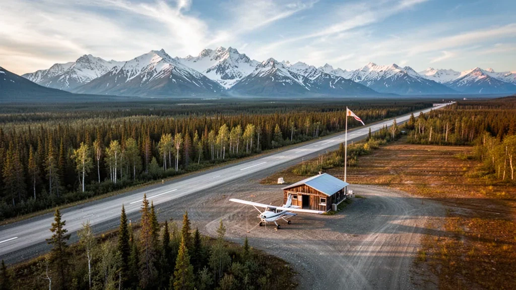 Erhöhte Ansicht zur goldenen Stunde der abgelegenen Schotterpiste und des umliegenden borealen Waldes am Flughafen Tanacross in Alaska.