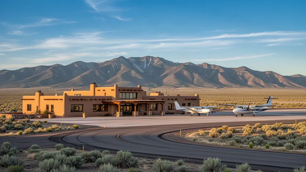 Terminalgebäude im Pueblo-Stil und Vorfeld mit Flugzeugen am Taos Regional Airport mit den Sangre de Cristo Mountains im Hintergrund