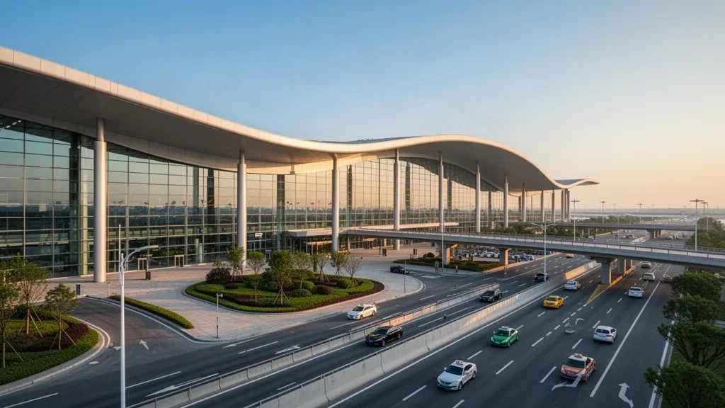 Modern glass terminal exterior at Tianjin Binhai International Airport during golden hour, with access roads and realistic vehicles.