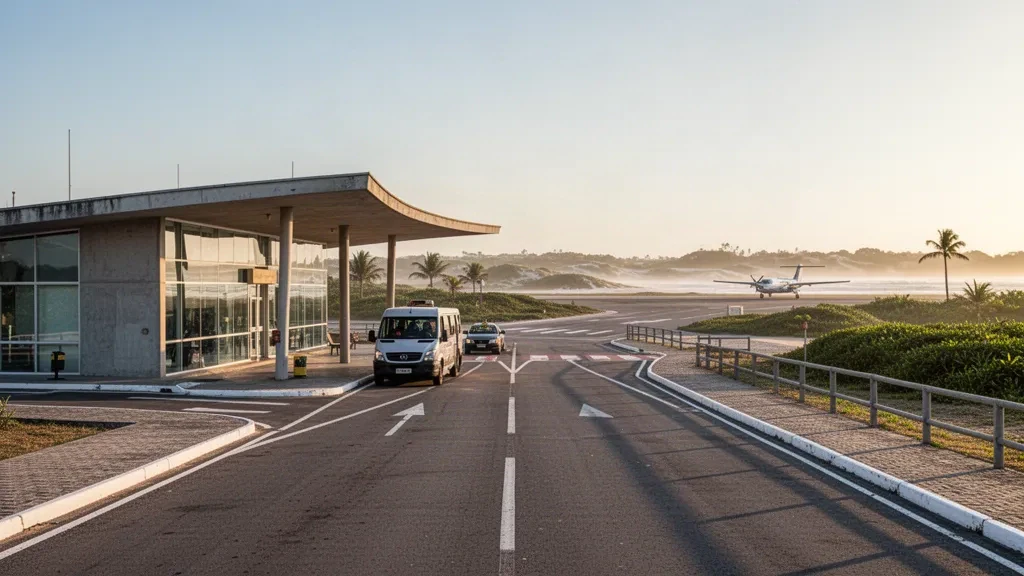 Modern glass terminal and curved drop-off canopy at a small coastal airport in Torres, Rio Grande do Sul, Brazil, in warm afternoon light