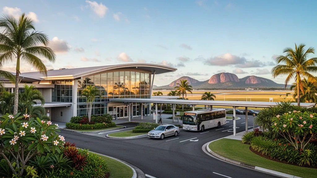 Modern Townsville Airport terminal exterior with tropical landscaping, glass facade and kerbside drop-off lanes in North Queensland