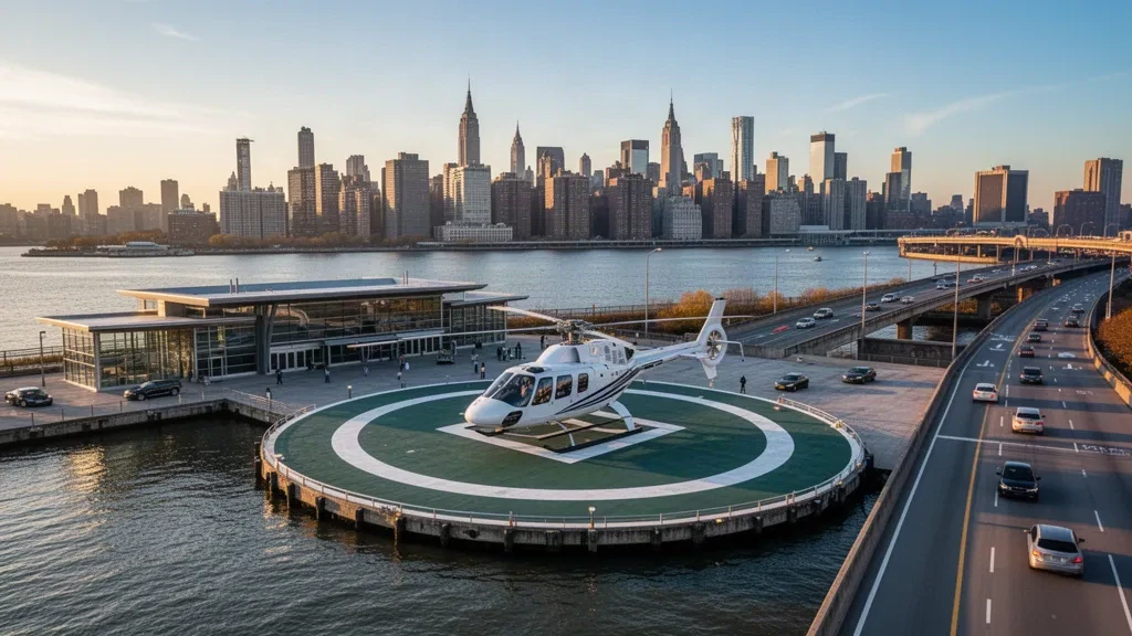Hélicoptère moderne sur l'aire d'atterrissage de l'héliport East 34th Street à Manhattan, avec l'East River et les gratte-ciel de la ville à l'heure dorée.