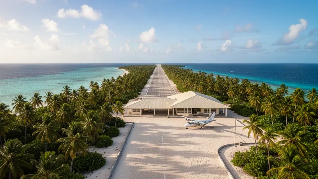 Korallenlandebahn und offenes Terminal am Flughafen Tabiteuea South in Kiribati, umrahmt von Palmenhainen und türkisfarbenem Lagunenwasser