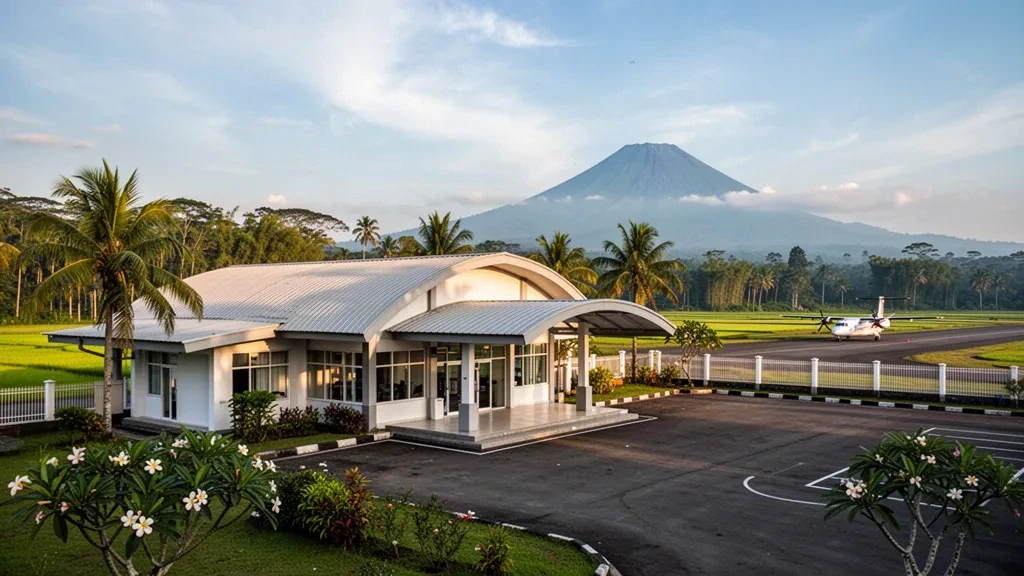 Tropical terminal exterior at Cibeureum Airport near Tasikmalaya, West Java, with palm trees, rice fields and a volcano horizon.