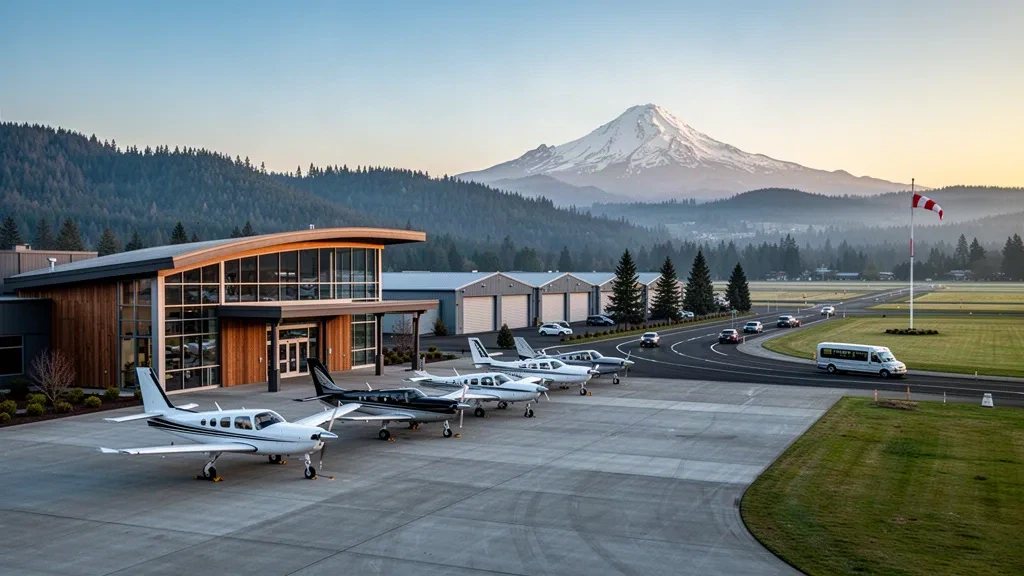 Avion d'aviation générale sur le tarmac devant le terminal moderne de l'aéroport de Portland Troutdale, avec le mont Hood et les contreforts des gorges en arrière-plan