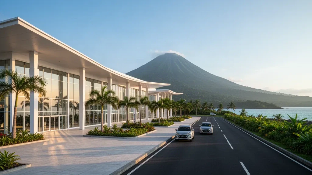 Esterno del terminal moderno dell'aeroporto Sultan Babullah a Ternate con palme, corsia di sosta e il monte Gamalama sullo sfondo