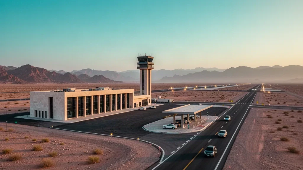 Wüstenflugplatz-Terminal und Kontrollturm zur goldene Stunde in der ariden Ebene nahe Thumrait im Süden Omans