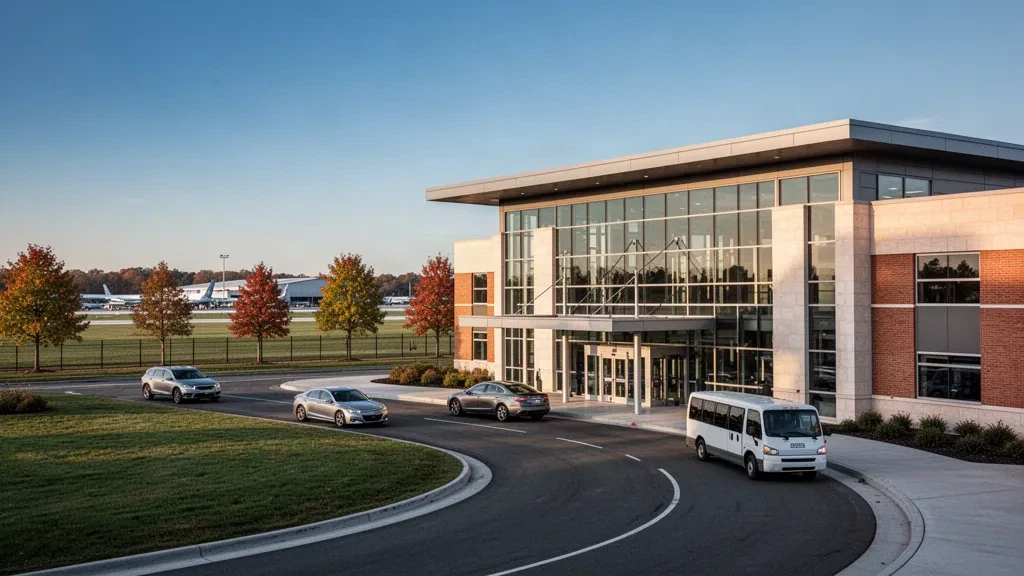 Exterior moderno de terminal de vidrio en el aeropuerto Trenton Mercer en Nueva Jersey, con carriles de descenso, vehículos estacionados y luz cálida del final de la tarde
