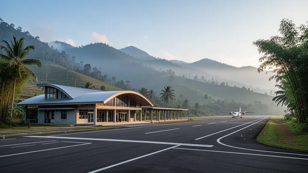 Terminal building and runway at Pongtiku Airport in the Toraja highlands of South Sulawesi, ringed by misty green hills