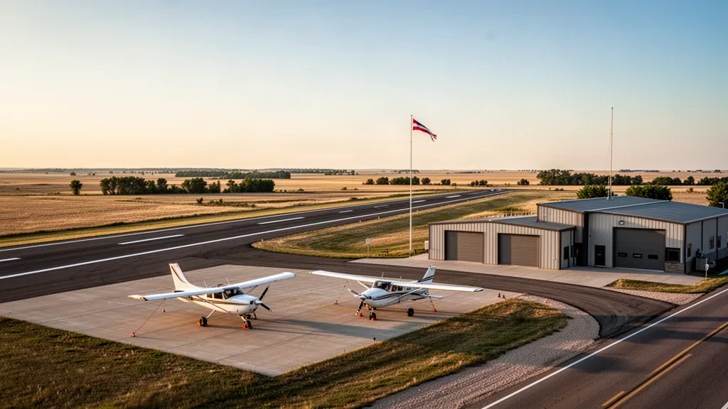 Avion léger sur le tarmac de l'aéroport municipal de Britton dans le Dakota du Sud, avec des hangars, une piste de prairie et un ciel ouvert à l'heure dorée
