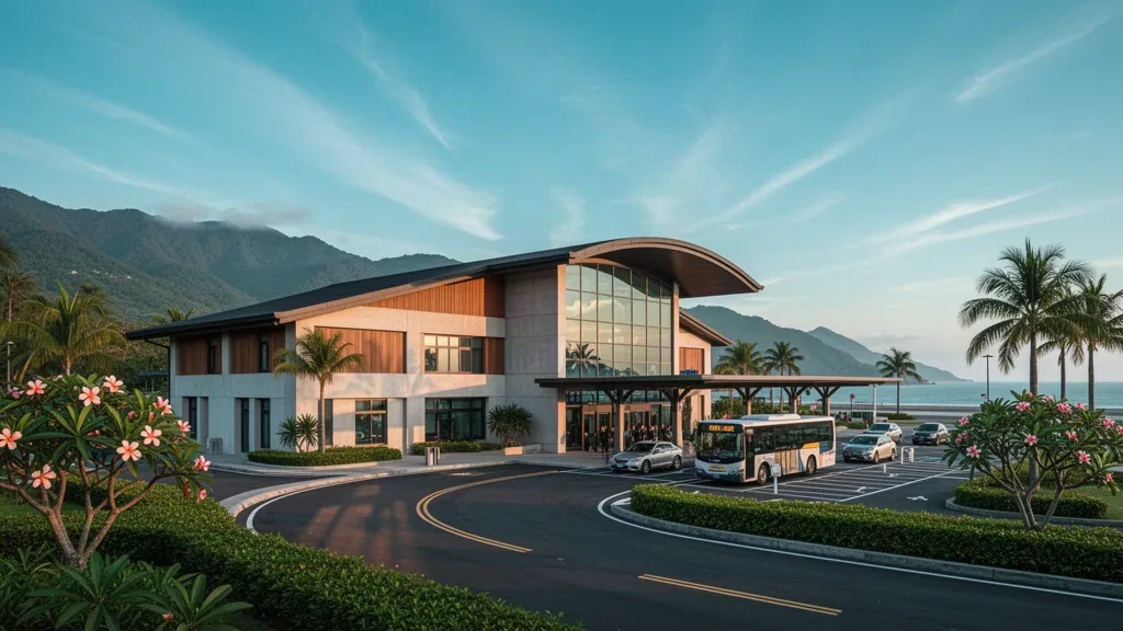 Terminal moderne de l'aéroport de Taitung à Taïwan avec une cour de dépose bordée de palmiers et un arrière-plan de montagnes verdoyantes à l'heure dorée