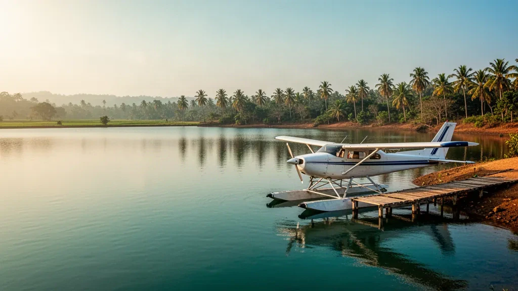Idrovolante con galleggianti ormeggiato a un pontile di legno su acque calme a Tissa Tank Waterdrome in Sri Lanka, circondato da palme durante l'ora d'oro