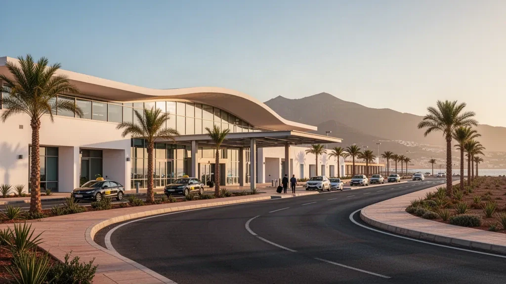 Moderne Terminalfassade und Bringspuren am Flughafen Sania Ramel in Tetouan, Marokko, mit Palmen und dem Rif-Gebirge im Hintergrund