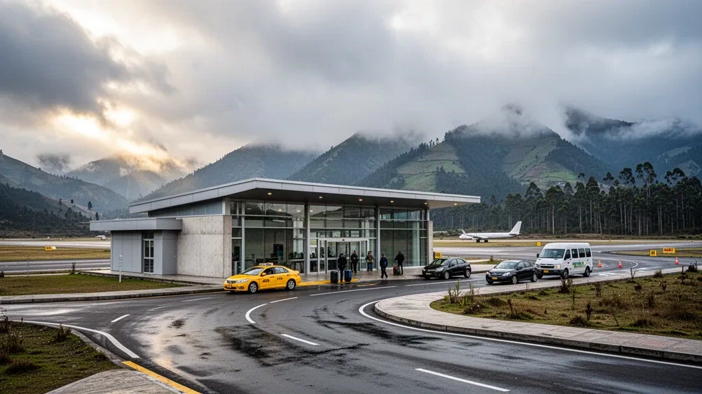 Modernes Terminal und Vorfahrspur am Internationalen Flughafen Lieutenant Colonel Luis A. Mantilla in Tulcán, umrahmt von Andengipfeln