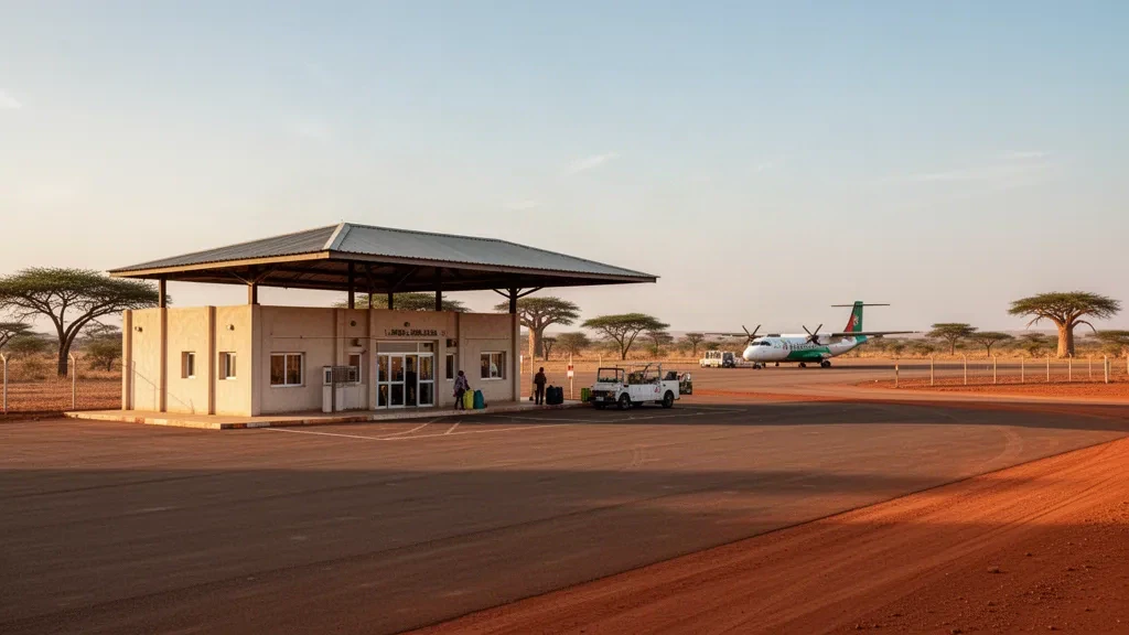 Blick zur goldenen Stunde auf das Terminal des Flughafens Tambacounda (TUD) in Senegal mit einem Turboprop-Flugzeug und trockener Savannenlandschaft