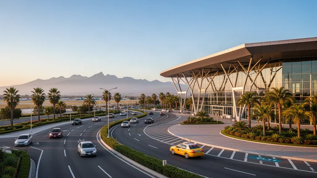 Exterior de terminal moderna de vidrio y carriles de descenso en el Aeropuerto Internacional Teniente Benjamín Matienzo en Tucumán, Argentina, durante la hora dorada.