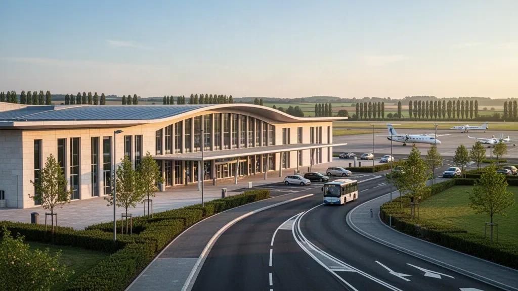 Modernes Glas-Terminal, geschwungene Überdachung und Vorfahrtspur am Flughafen Tours Val de Loire in Frankreich, gebadet in warmem Licht der goldenen Stunde.