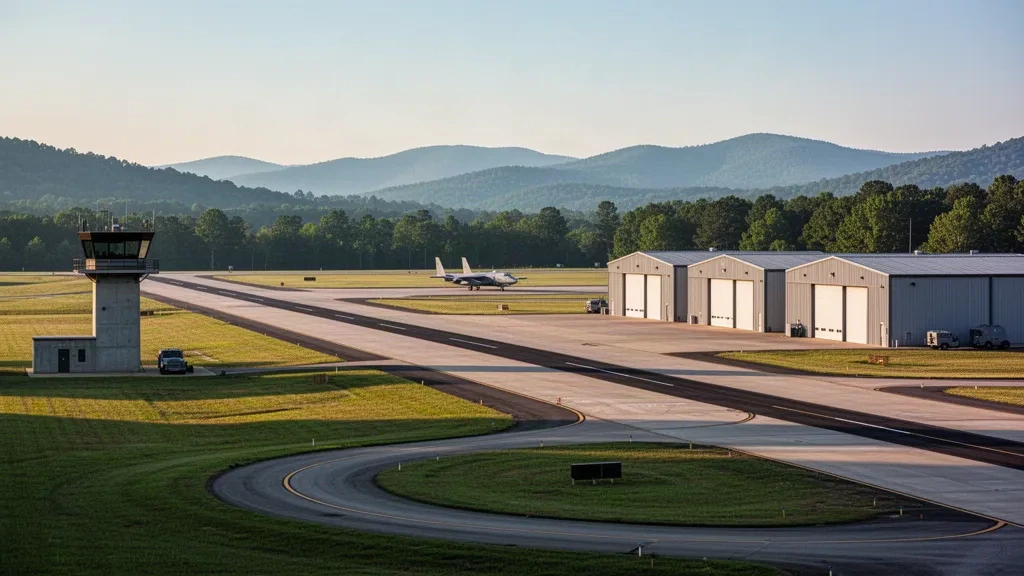 Militärische Start- und Landebahn, Hangars und Kontrollturm auf der Arnold Air Force Base in Tennessee im warmen Licht der goldenen Stunde
