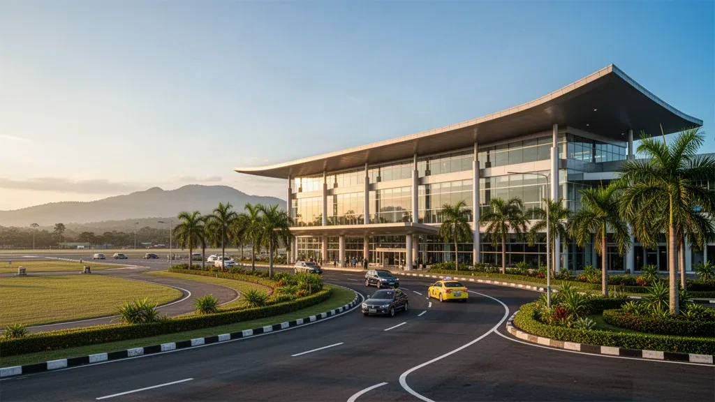 Terminal moderne en verre de l'aéroport de Tuguegarao aux Philippines à l'heure dorée, avec des palmiers et des montagnes en arrière-plan.