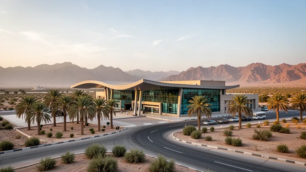 Extérieur du terminal et parvis bordé de palmiers à l'aéroport international de Turbat au Baloutchistan, sous une chaude lumière dorée de fin de journée.