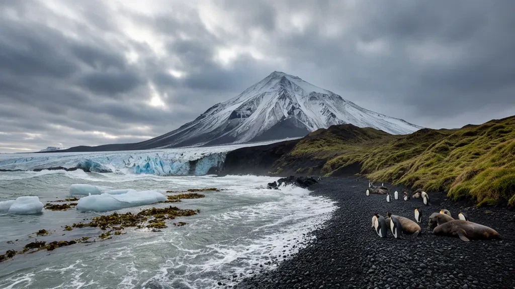 Il vulcano Big Ben e le cime ricoperte di ghiacciai che si ergono sopra l'Oceano Australe sulla remota Heard Island nel subantartico