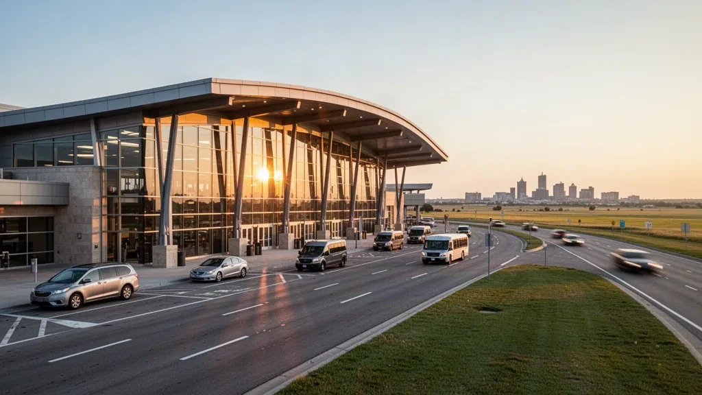 Oklahoma'da gün batımı saatlerinde Tulsa Uluslararası Havalimanı'ndaki modern cam terminal binası ve yolcu indirme şeritleri.