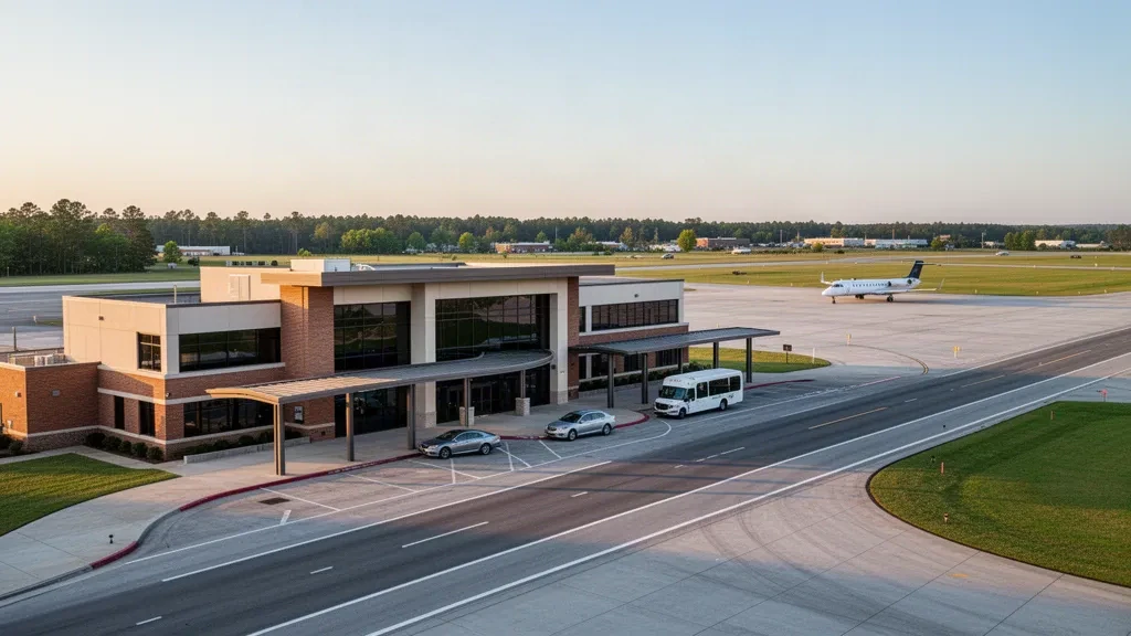 Terminal moderne en verre et voie de dépose en bordure de trottoir à l'aéroport régional de Tupelo dans le Mississippi sous une chaude lumière dorée