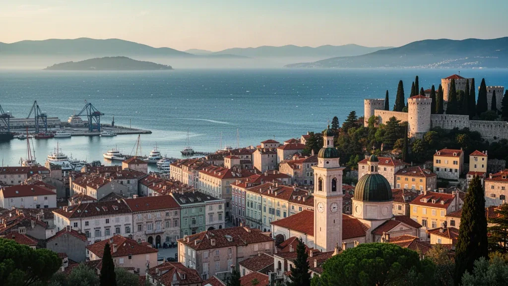 Dächer der Altstadt und Uferpromenade von Rijeka an der Kvarner Bucht, Kroatien, mit einer steinernen Bergfestung zur goldenen Stunde