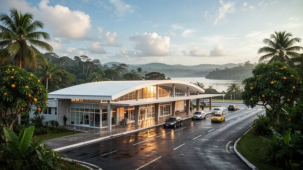 Modern airport terminal facade and drop-off lane surrounded by Amazon rainforest in Tucuruí, Pará, Brazil, under tropical golden light