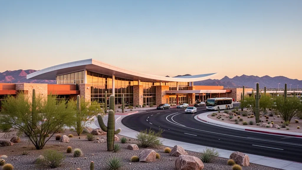 Vista cálida durante la hora dorada de la terminal moderna del Aeropuerto Internacional de Tucson y el paisaje desértico con montañas al fondo