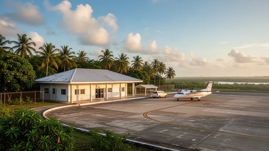Flaches tropisches Terminal und Vorfeld am Flughafen Tucupita in Delta Amacuro, Venezuela, unter einem warmen, feuchten Delta-Himmel