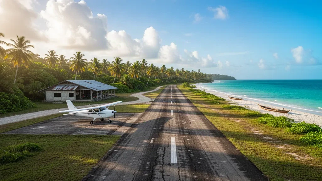 Pequeña pista tropical en el Aeropuerto de Tubualá, en Guna Yala, Panamá, con una avioneta ligera, palmeras cocoteras y el mar Caribe al fondo.